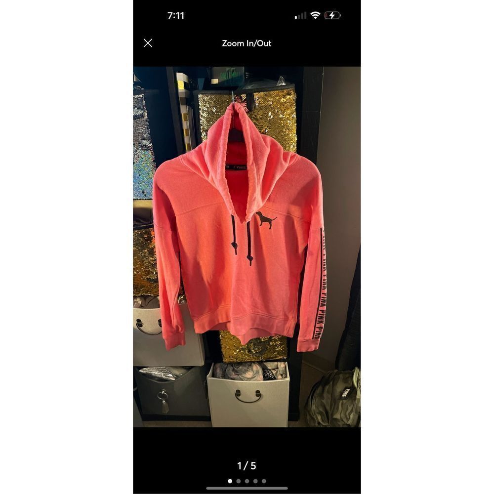 VS PINK neon hot pink ribbon tape cowl funnel neck pullover sweatshirt XS